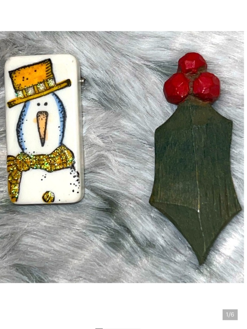 2 Vintage Handcrafted Holiday Brooches/Pins Holly & Snowman